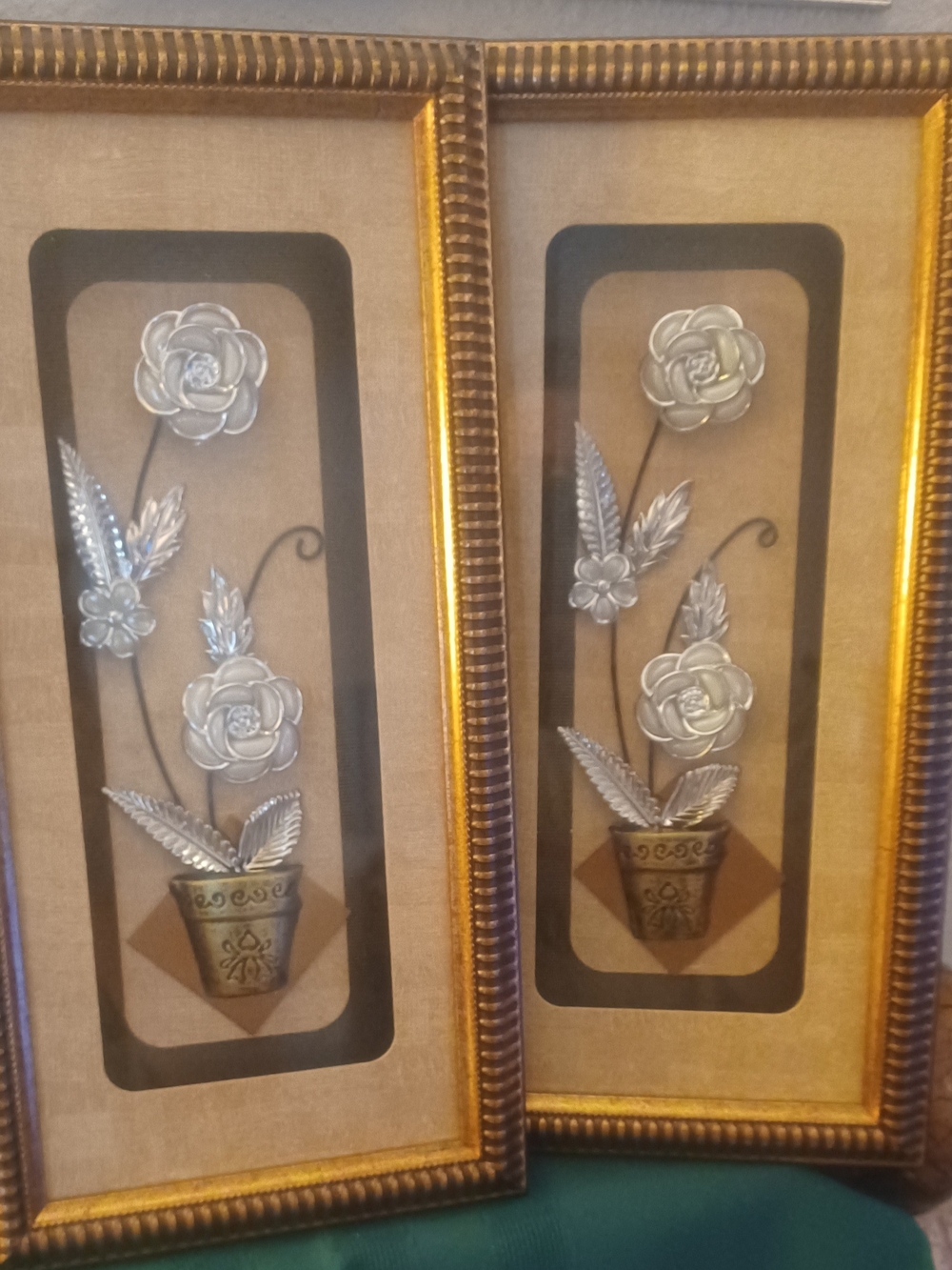 Gold Framed Silver Floral Wall Art Pair